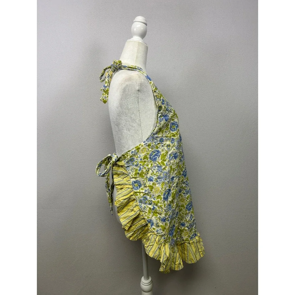 Cottagecore Vintage Women OS Country Chic Yellow Blue Floral Ruffle Halter Apron